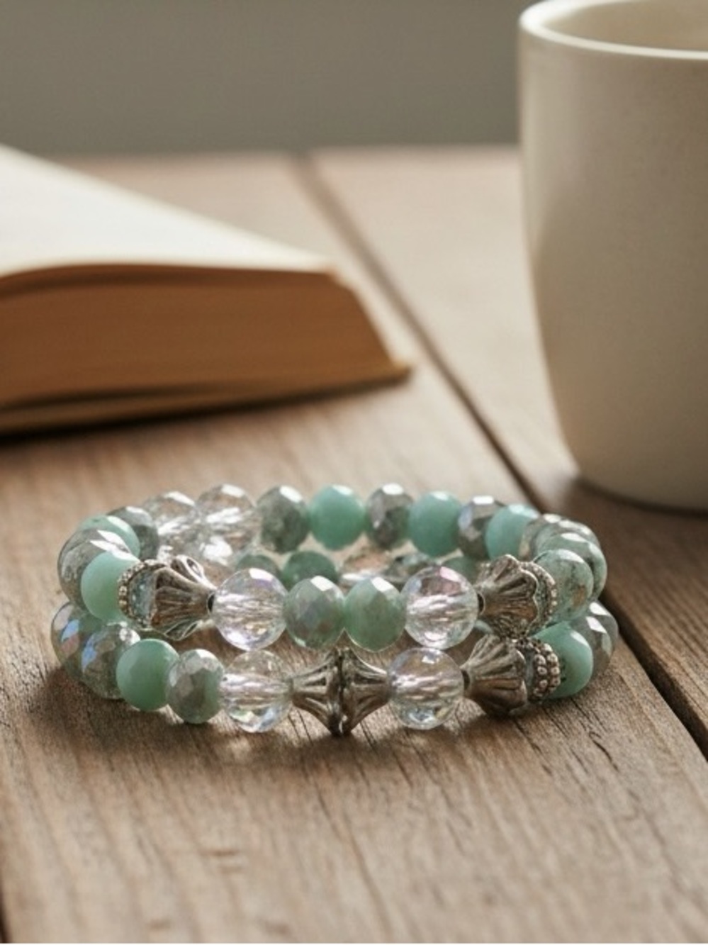 Aqua Crystal Double Strand Stretch Bracelet Rhinestone Statement Jewelry - Picture 2 of 4